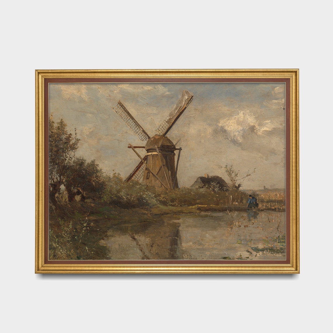 Vintage Landscape Painting Antique Windmill On A Pond Farmhouse Decor Wall Art Moody Rustic Fine Art - Image 3