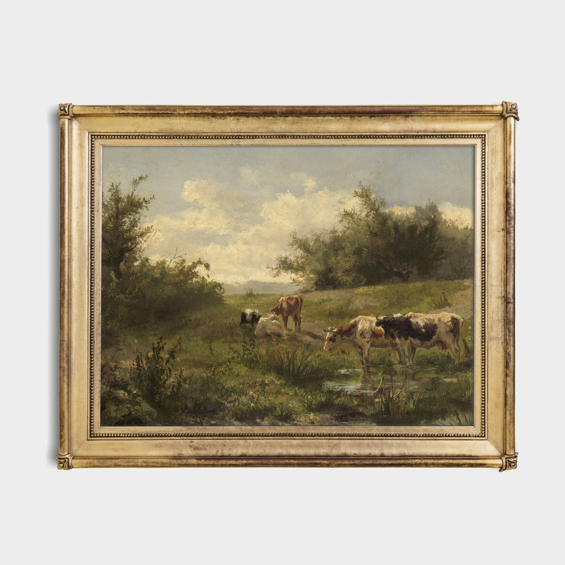 Cattle Drinking at a Stream in a Green Pasture Antique Print - Image 2