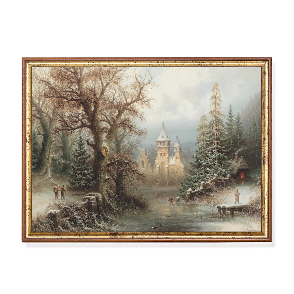 Ice Skaters on Frozen River Below Snowy Castle Winter Poster