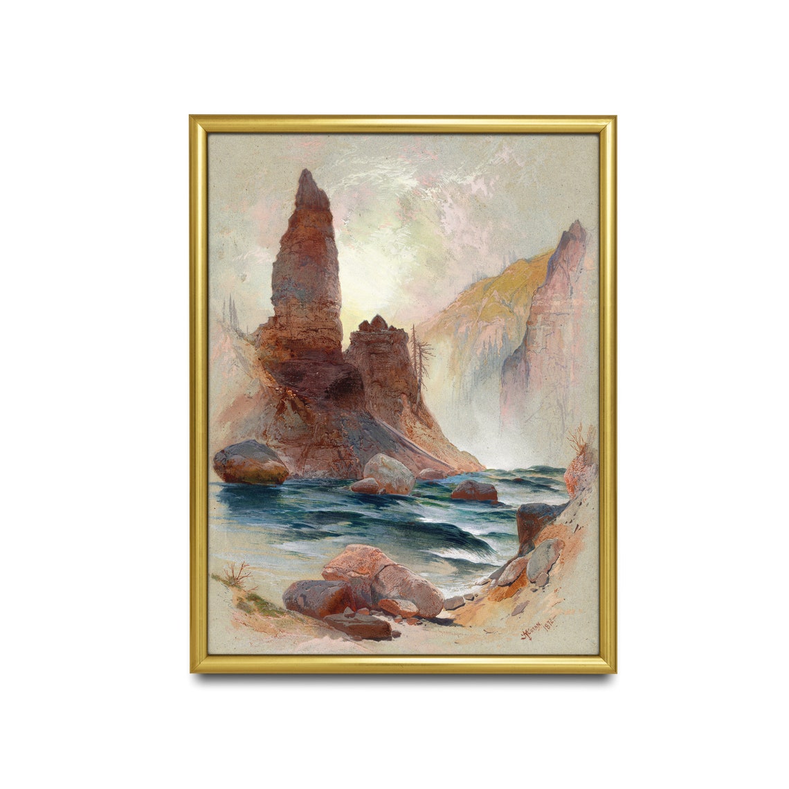 Towering Red Rock Canyon Spire River Vintage Landscape Poster