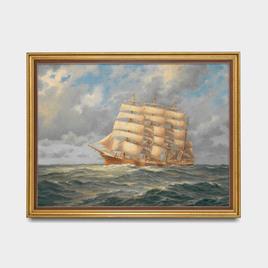 Full Rigged Tall Ship Sailing Stormy Seas Marine Oil Painting Poster - Image 4