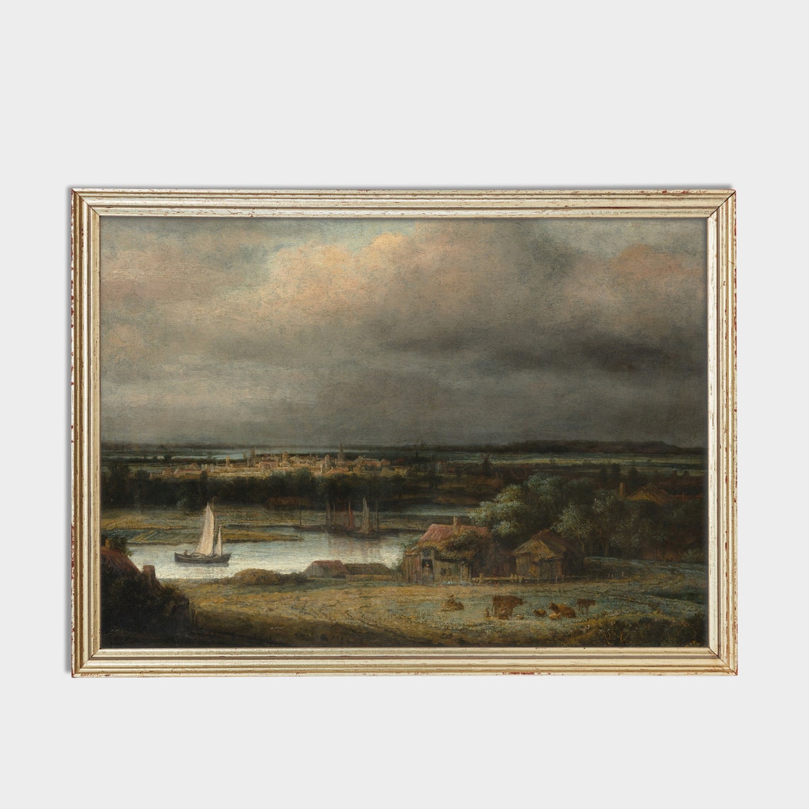 Wide River With Sailboats and Distant Town Dutch Landscape Poster - Image 2