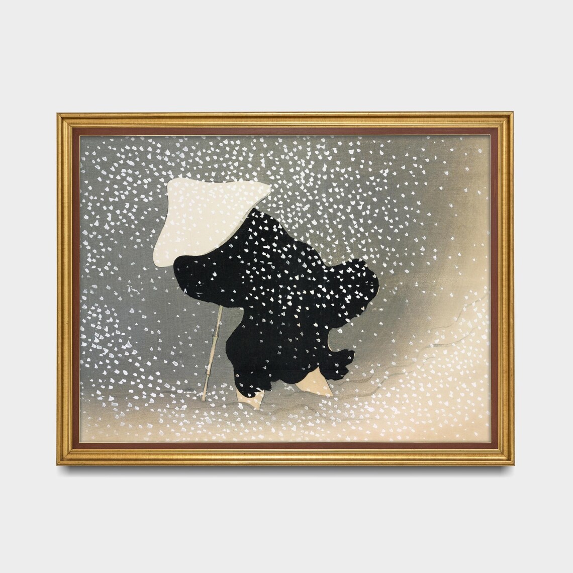 Japanese Figure Umbrella Walking Snowstorm Winter Vintage Art Poster - Image 5