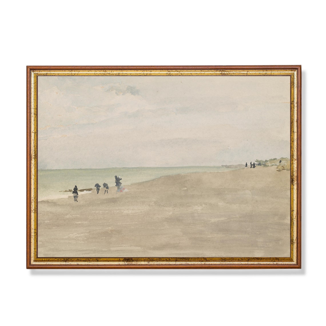 Minimalist Pale Beach Watercolor Painting with Tiny Figures Poster