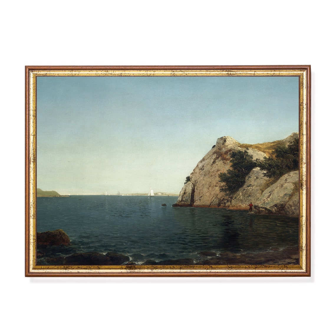 Antique Rocky Coastal Cliffs with Sailboats Vintage Seascape Poster