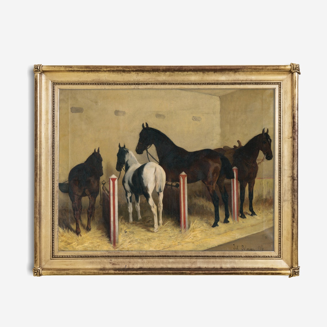 Four Horses Waiting in Their Stable Stalls Vintage Painting Poster - Image 2