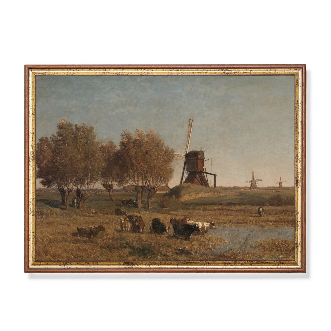 Dutch Windmills with Grazing Cattle in Polder Painting Poster