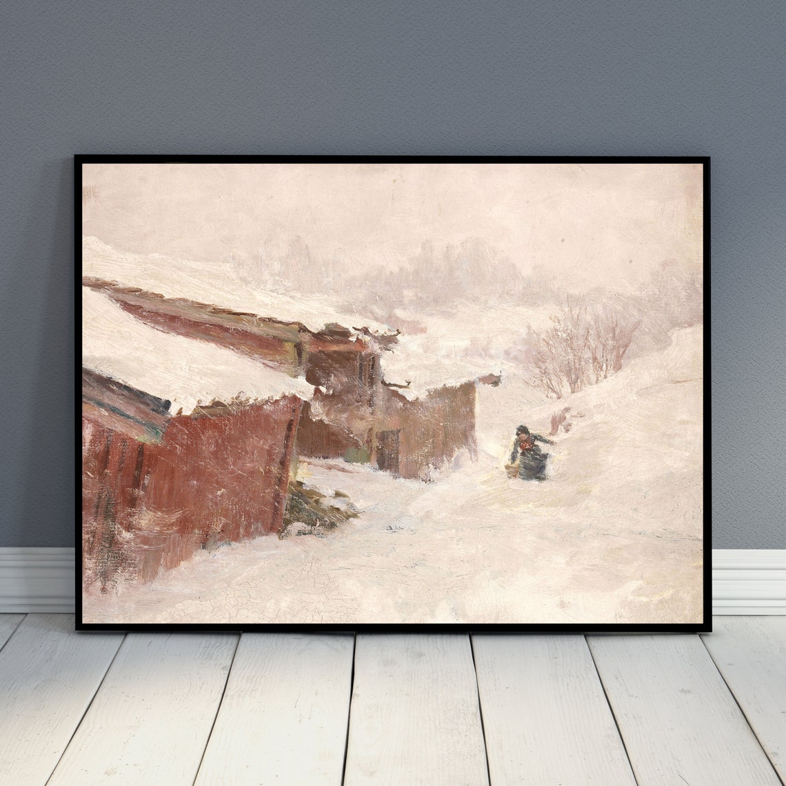 Figure Carrying Basket Through Deep Snow Red Farmhouse Winter Poster - Image 2