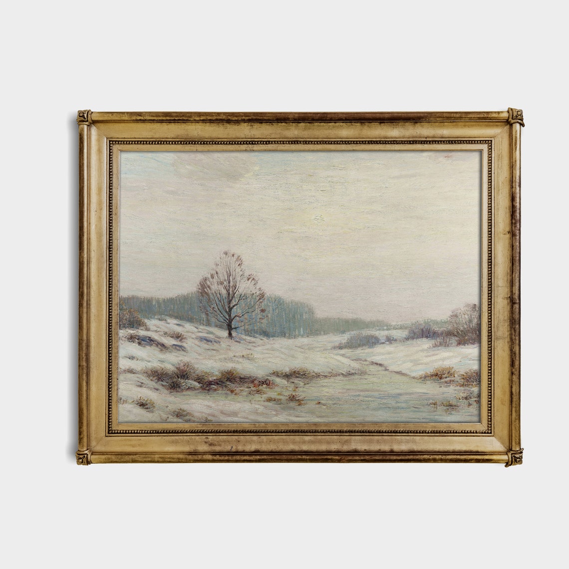 Lone Bare Tree in a Misty Winter Field Pastel Landscape Poster - Image 2
