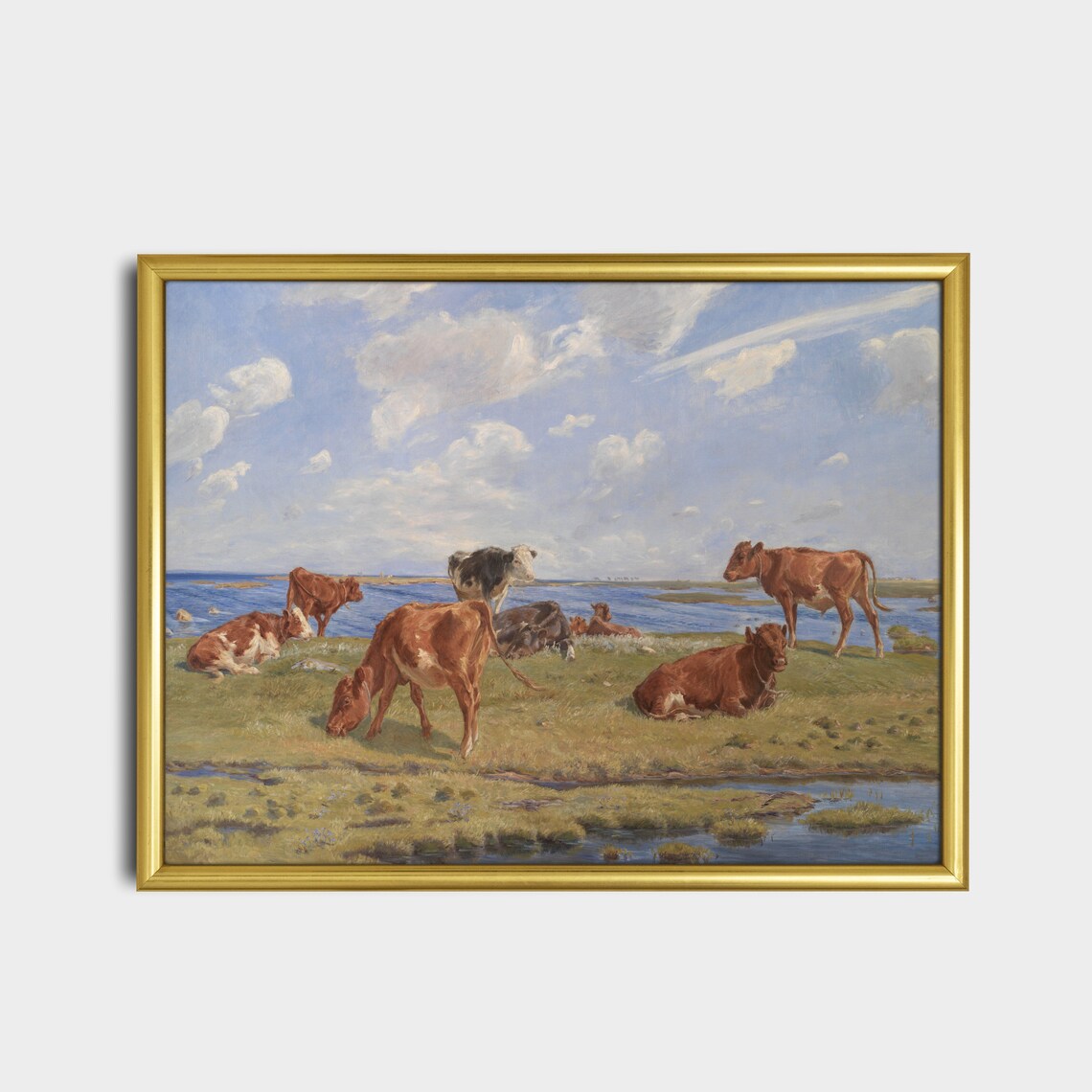 Cows Grazing By The Water Shore Vintage Pastoral Painting Poster - Image 5