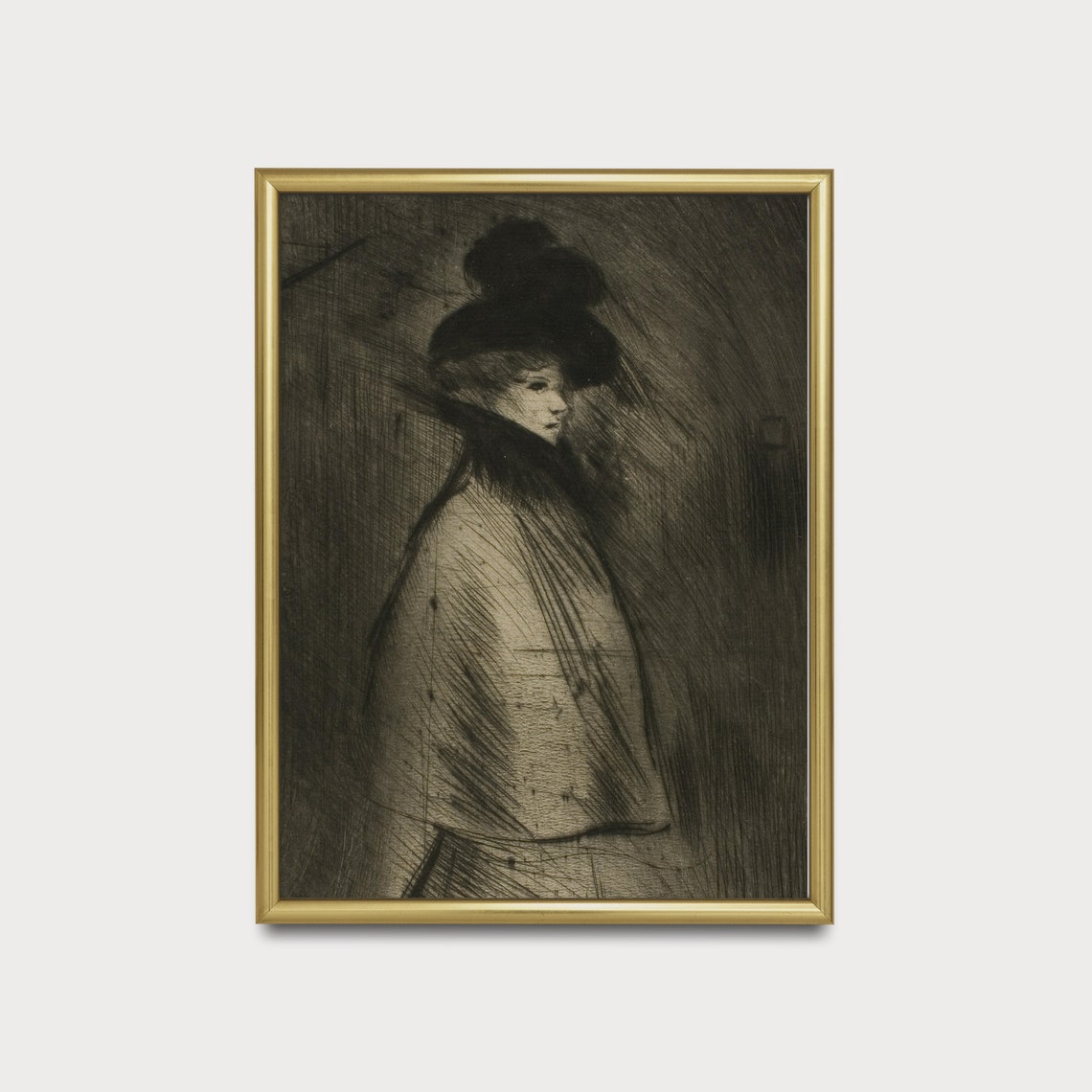 Woman In Feathered Hat Charcoal Etching Moody Vintage Portrait Poster - Image 4