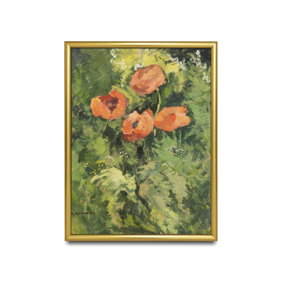 Three Orange Poppies Lush Green Garden Vintage Floral Art Poster - Image 2