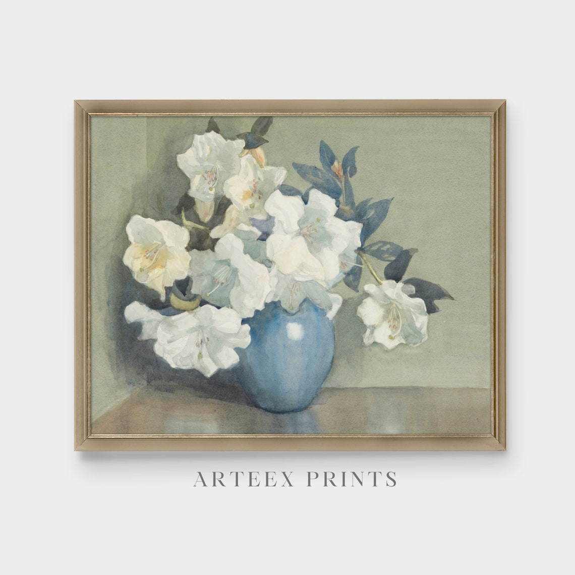 White Azaleas in a Blue Vase Watercolor Floral Painting Poster - Image 5