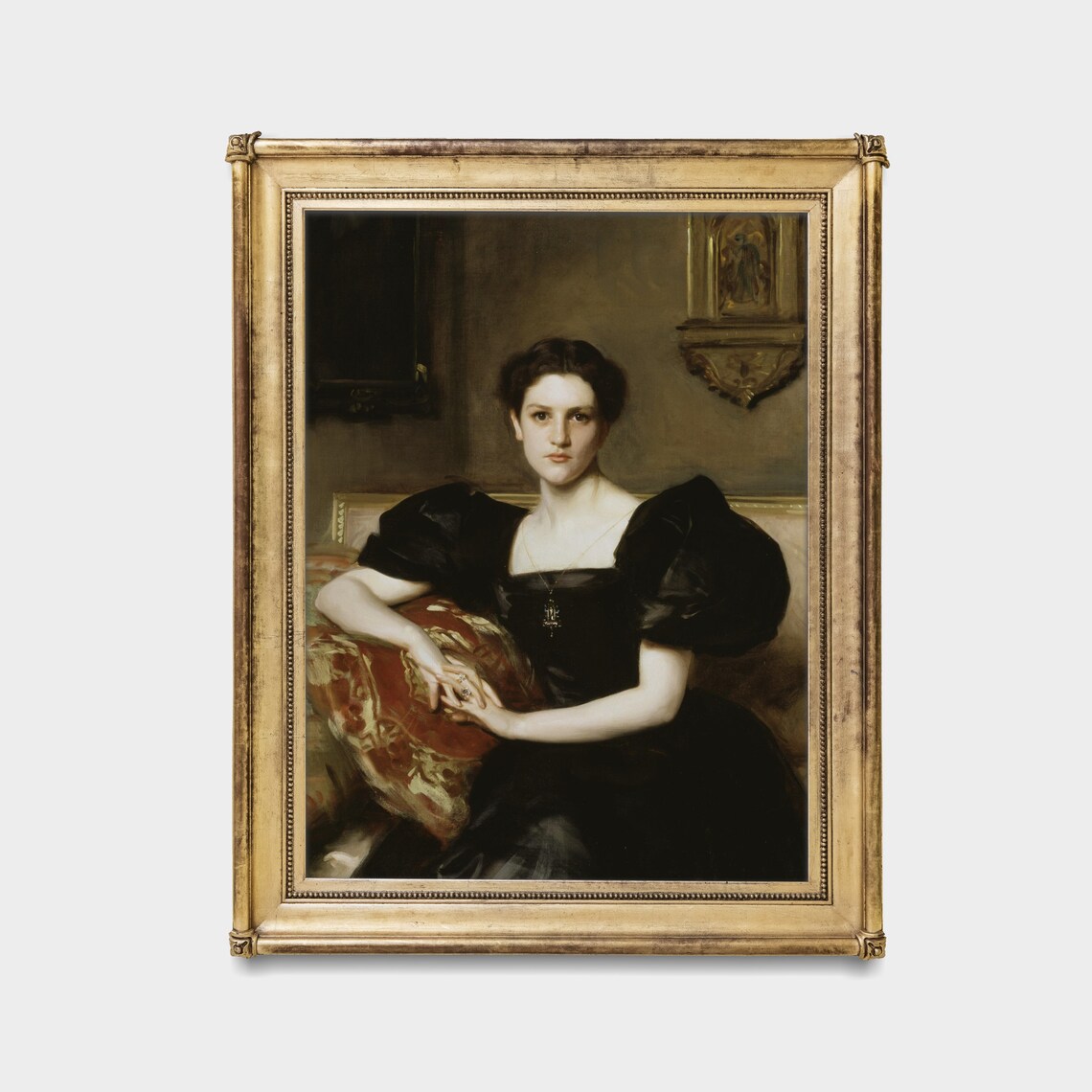 Seated Victorian Lady in Black Evening Dress Oil Portrait Poster - Image 2