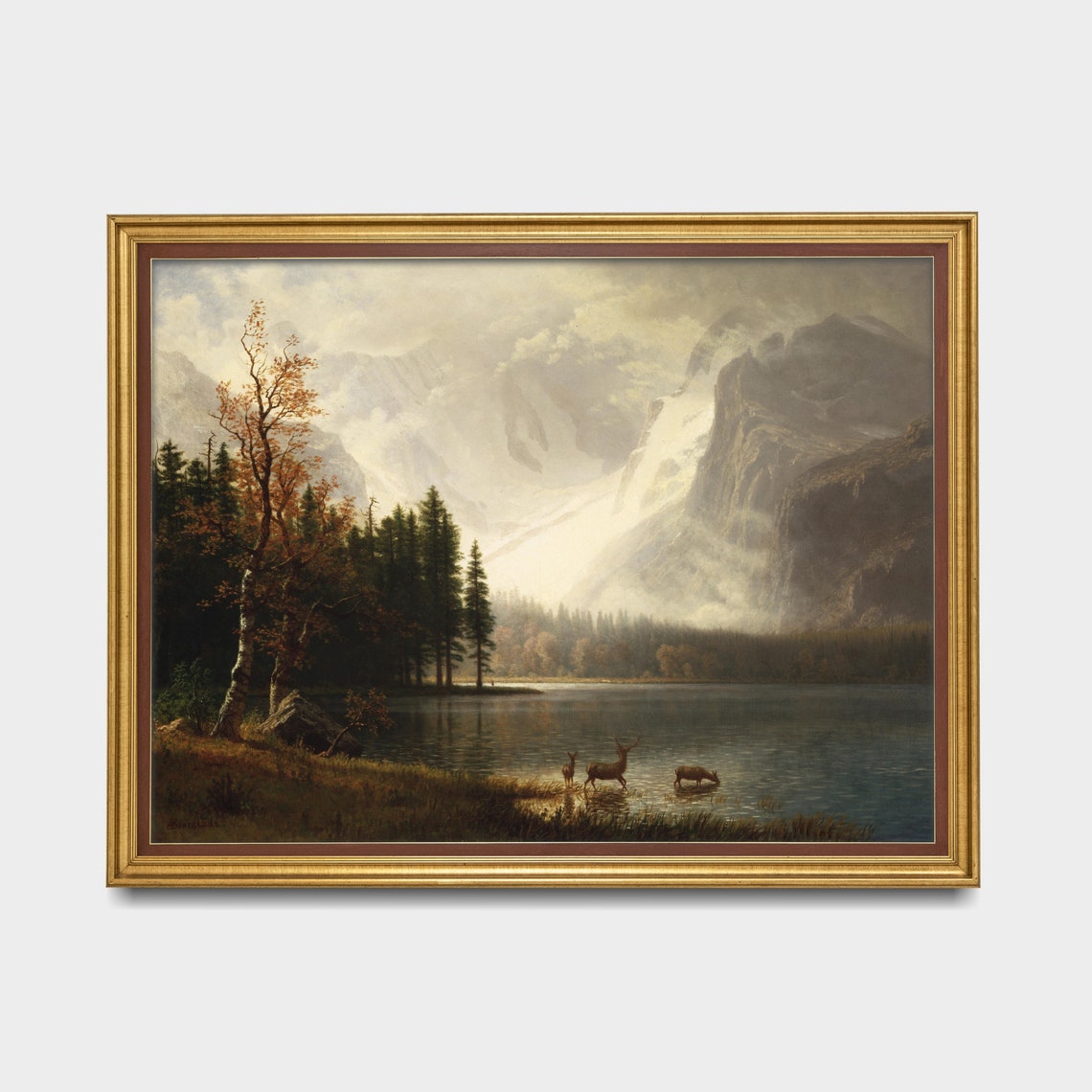 Deer At Misty Mountain Lake Dawn Cliffs Vintage Landscape Poster - Image 3