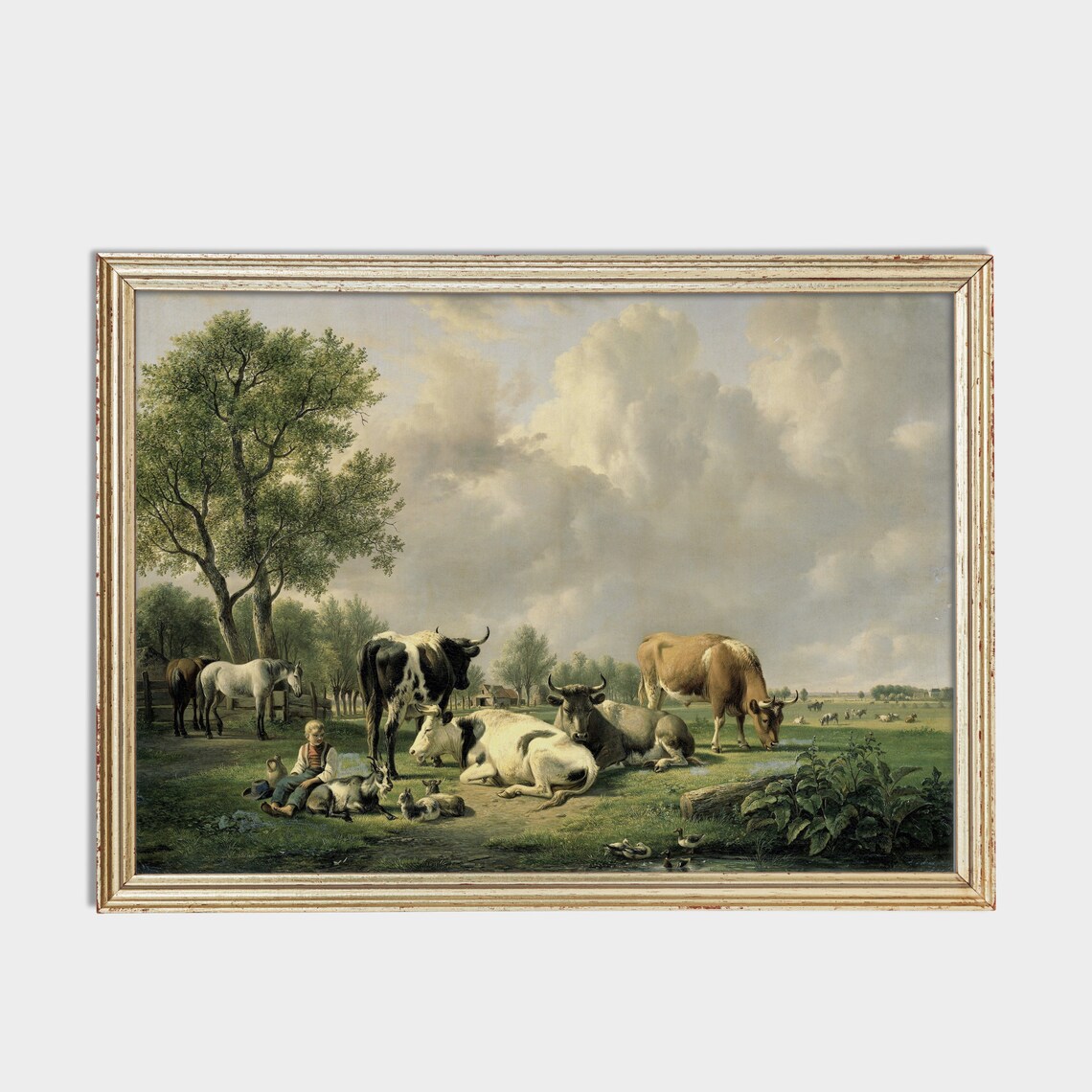 Animals in the Meadow Vintage Country Landscape Art Print - Image 3