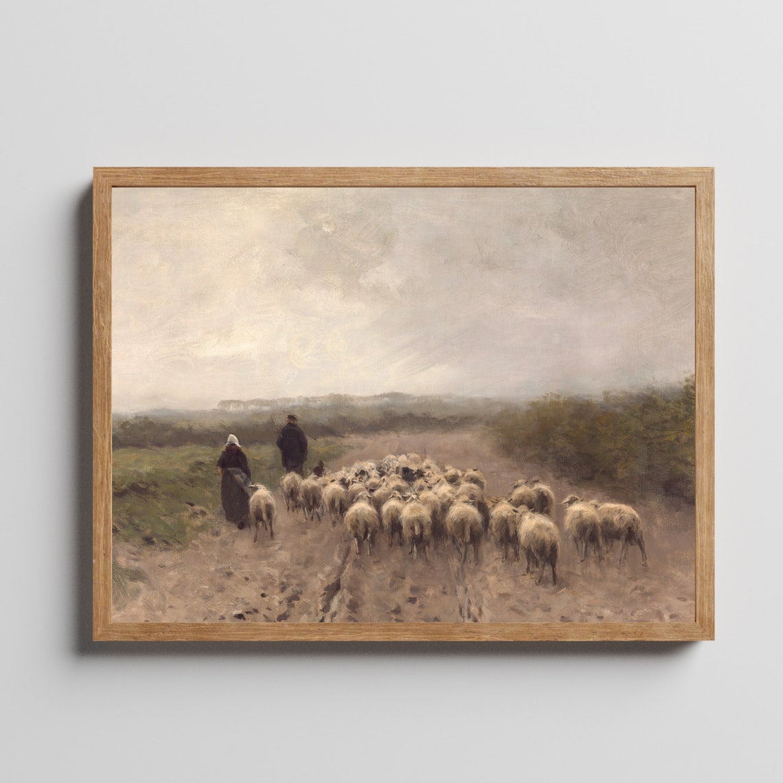 Shepherds Driving Flock of Sheep Down Country Road Painting Poster - Image 2