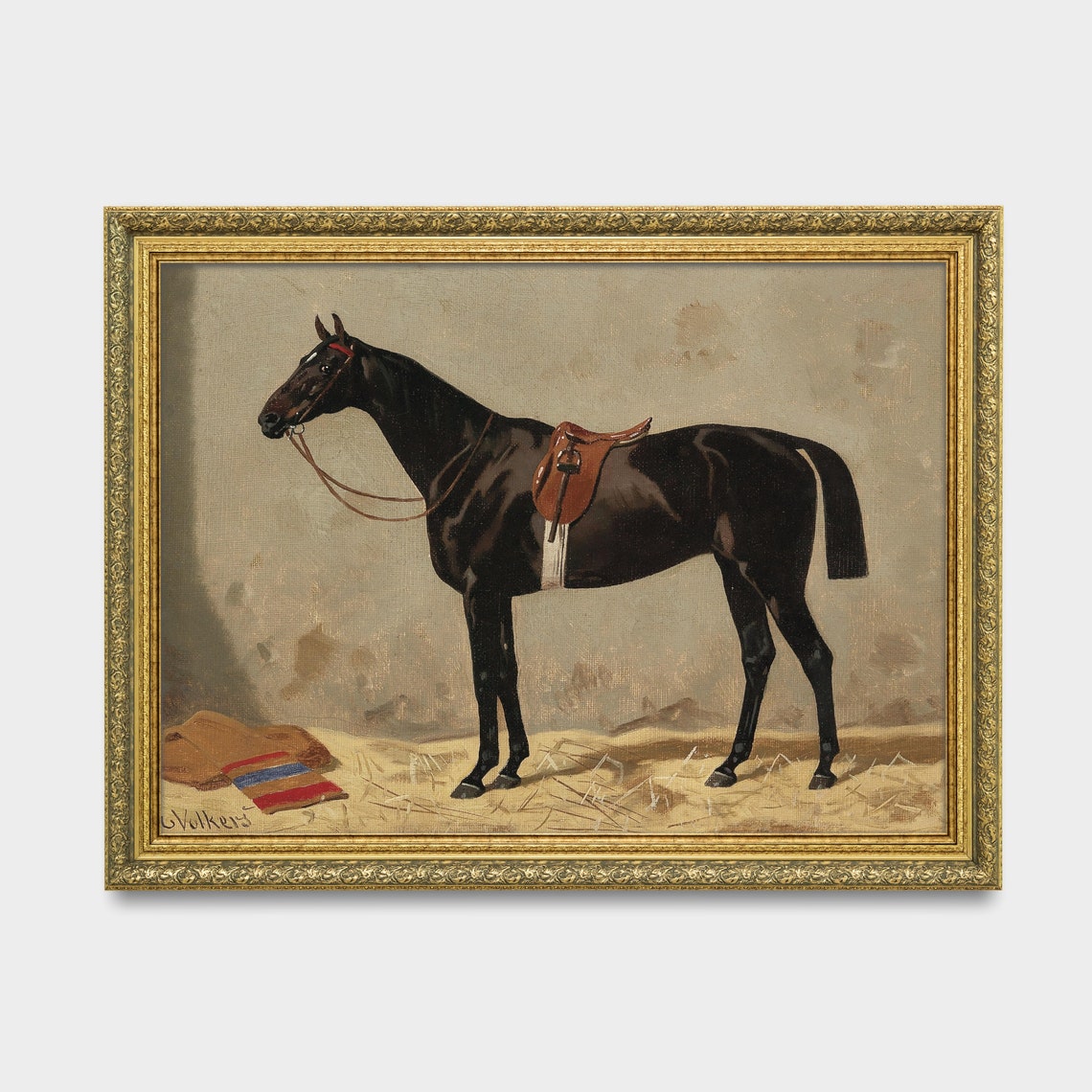 Vintage Saddled Dark Horse Equestrian Stable Painting Poster - Image 3