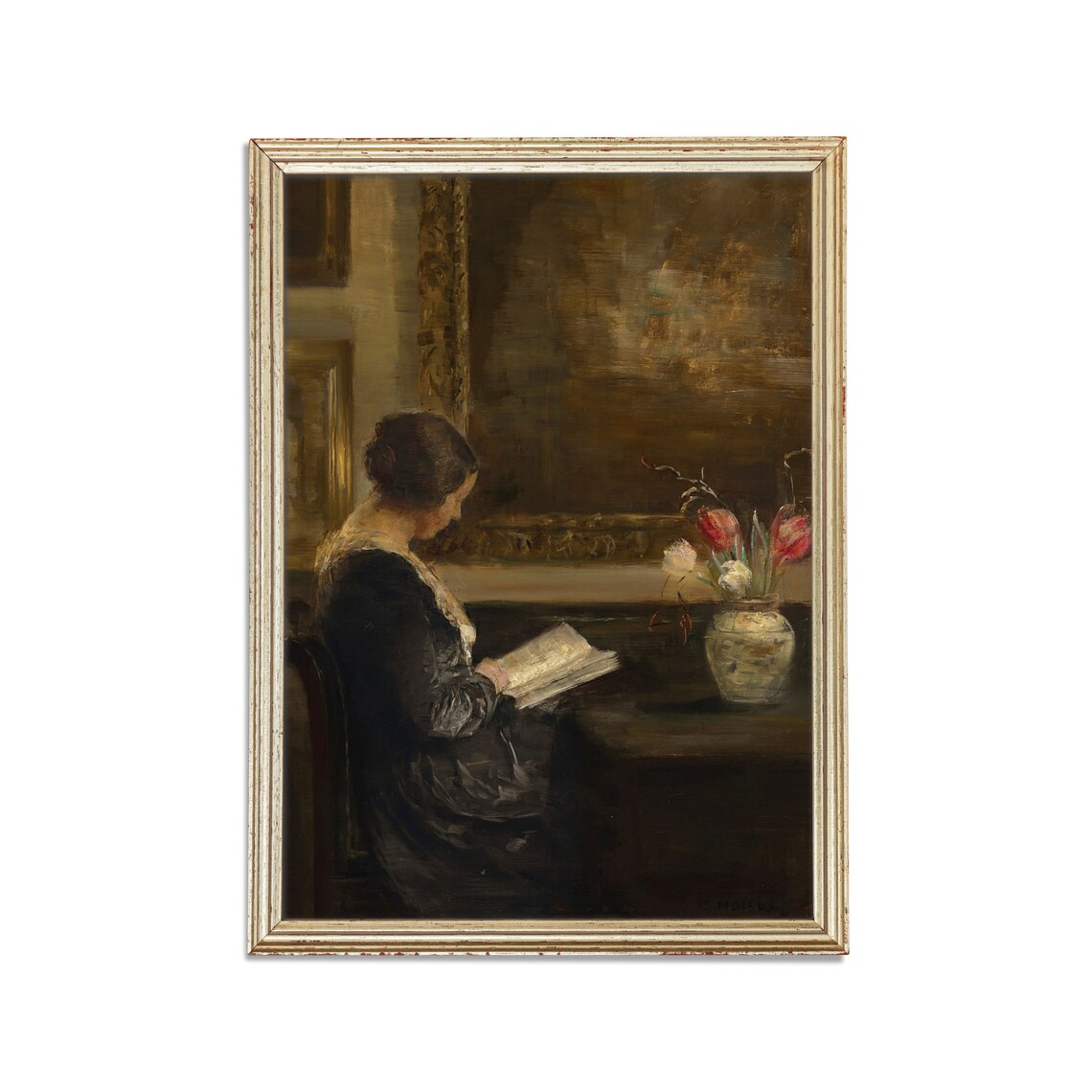 Woman Reading a Book at Her Desk Beside Tulips Vintage Interior Poster - Image 2