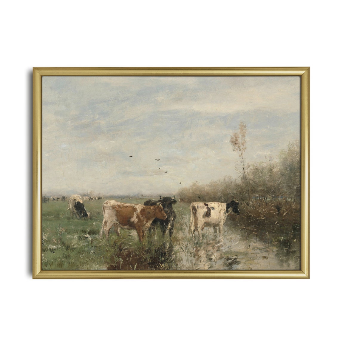 Cows Grazing in Lush Meadow with Stream Vintage Pastoral Poster - Image 3