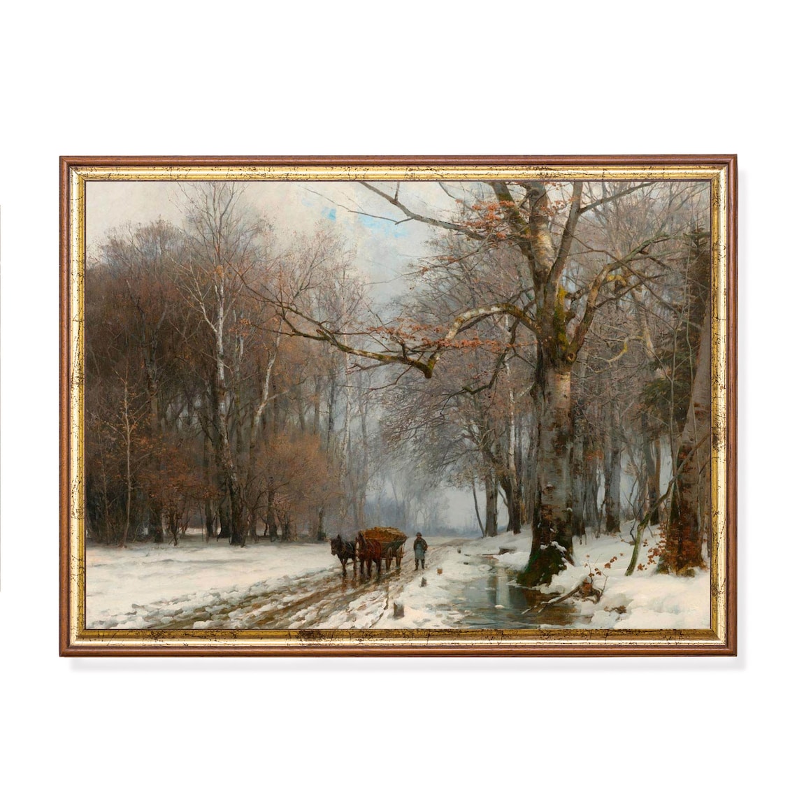 Vintage Winter Sleigh Ride, Rustic Forest Art Print