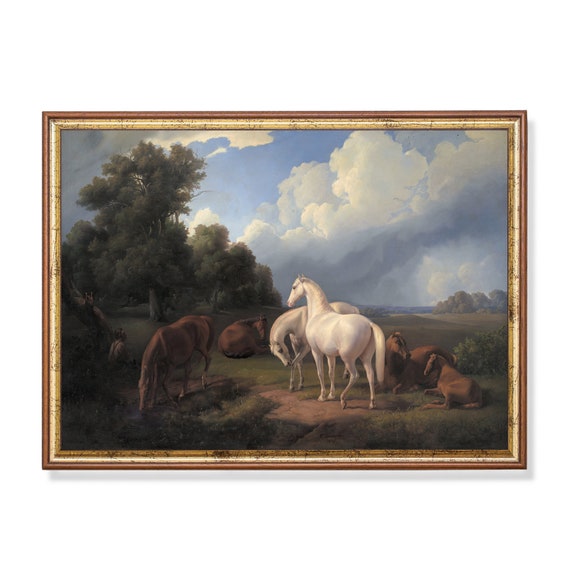 Print And Ship Vintage Painting Horses In The Mountains Antique Horses Print Moody Rustic Landscape Art Mailed Print
