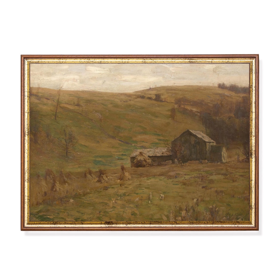 Golden Rolling Farm Hills with Barn and Haystacks Vintage Poster