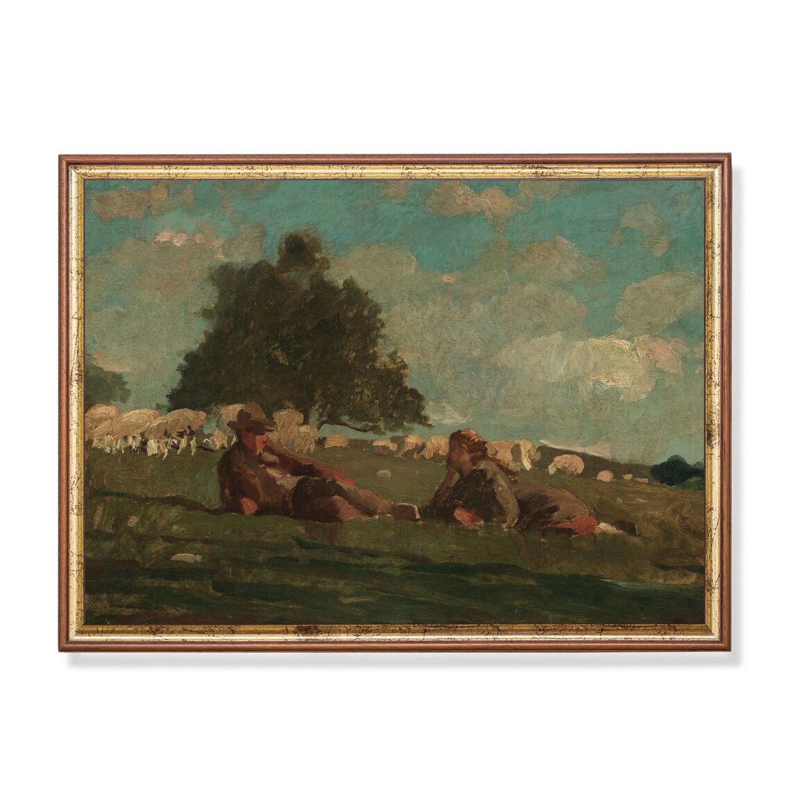 Boy and Girl Resting With Their Sheep in a Green Pasture Poster