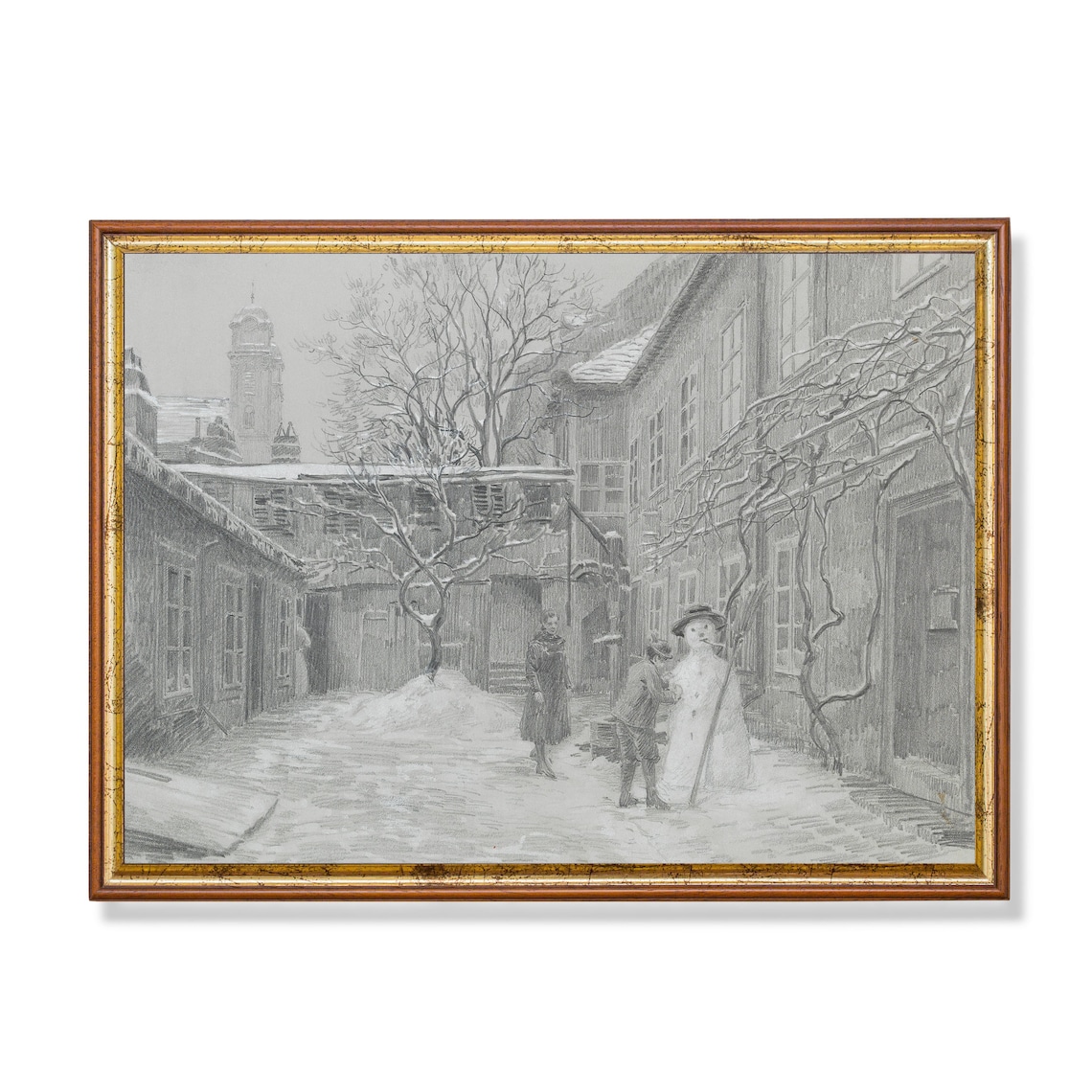 Pencil Sketch of Children Building a Snowman in a Courtyard Poster