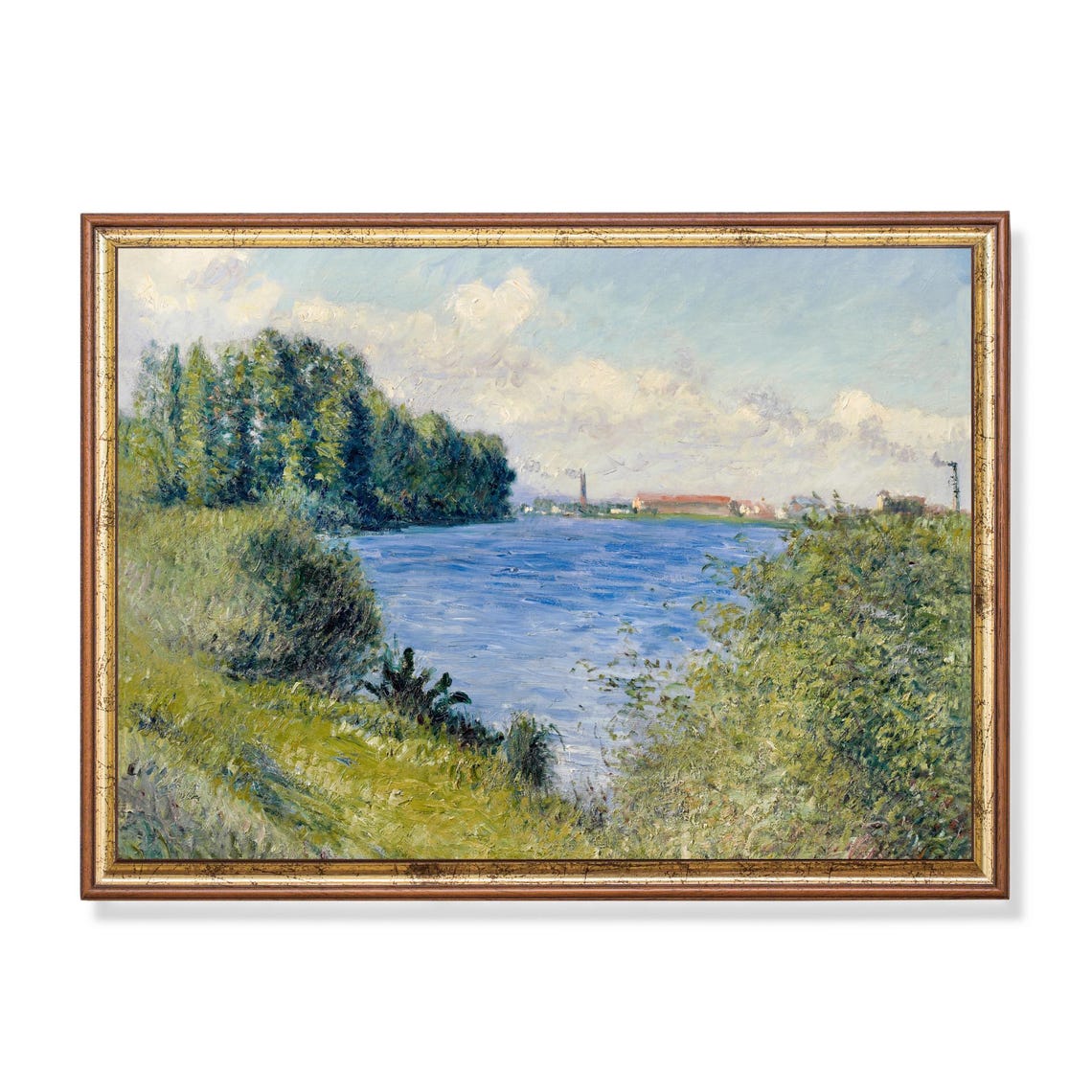 Impressionist River Scene with Poplars and Blue Water Poster