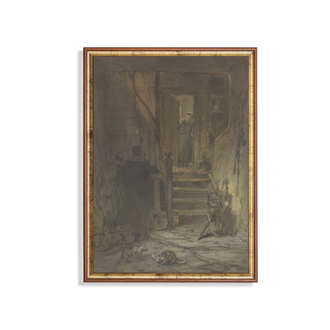 Two Cats In A Dark Old Farmhouse Interior Vintage Sketch Poster