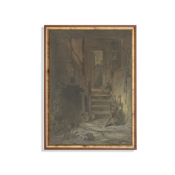 Two Cats In A Dark Old Farmhouse Interior Vintage Sketch Poster