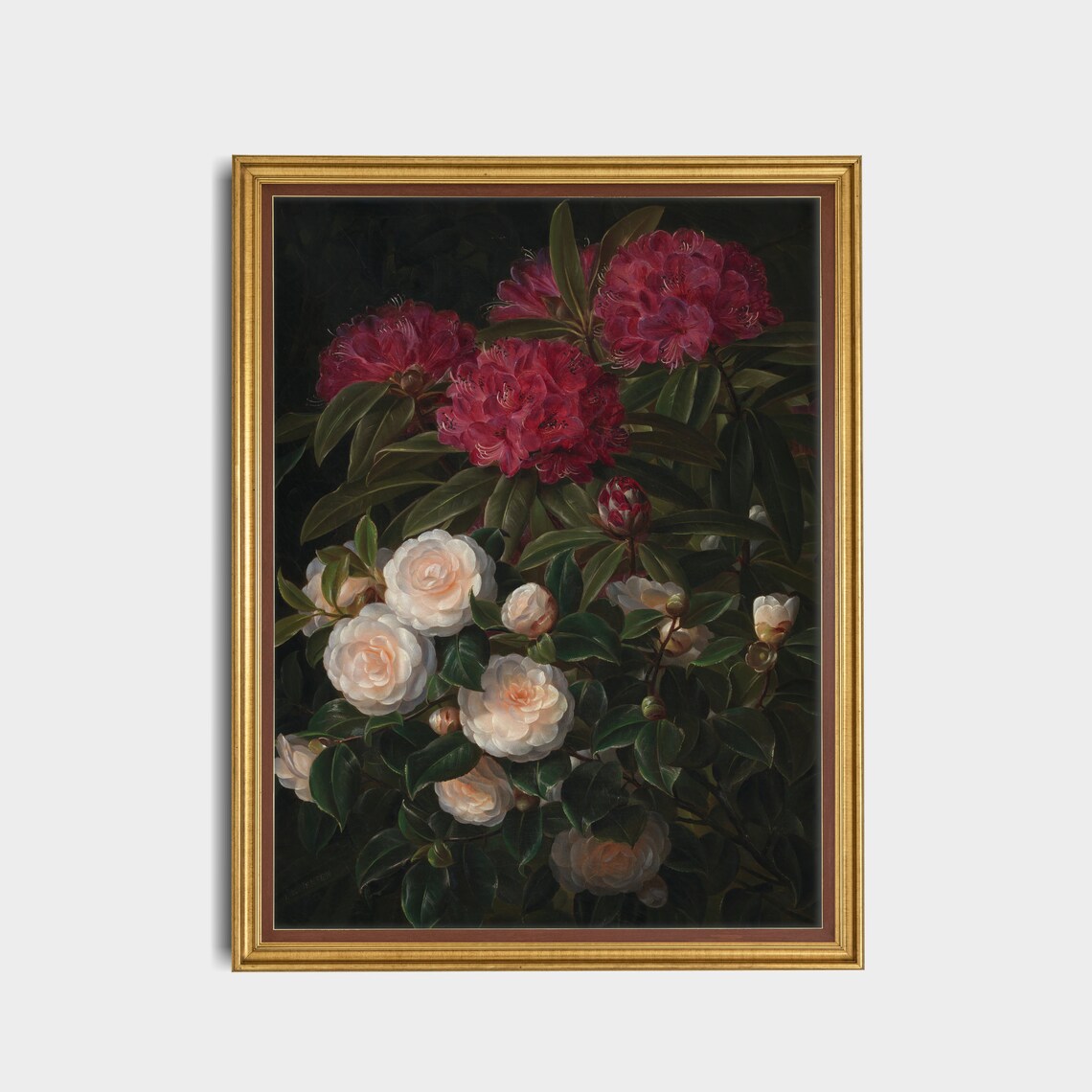 Red Rhododendrons and White Camellias Dark Botanical Floral Poster - Image 5