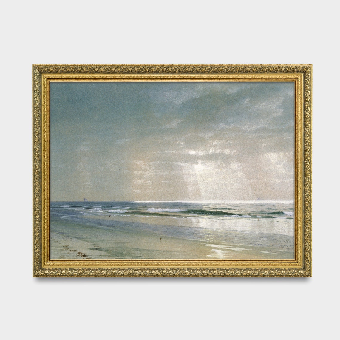 Tonalist Calm Beach at Dawn With Sunbeams Seascape Art Poster - Image 3