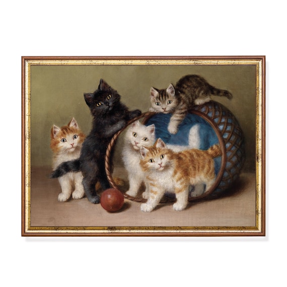Five Playful Kittens With Tipped Basket And Ball Vintage Cat Poster