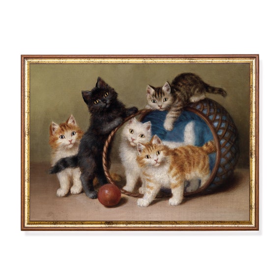 Printed And Shipped Vintage Cats Painting Antique Animal Print Moody Rustic Fine Print Farmhouse Nursery Decor Physical Prints