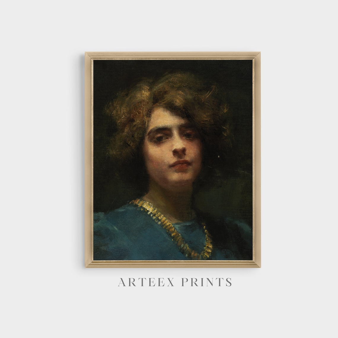 Moody Portrait of a Woman with Wild Curls in a Blue Dress Vintage Poster - Image 3