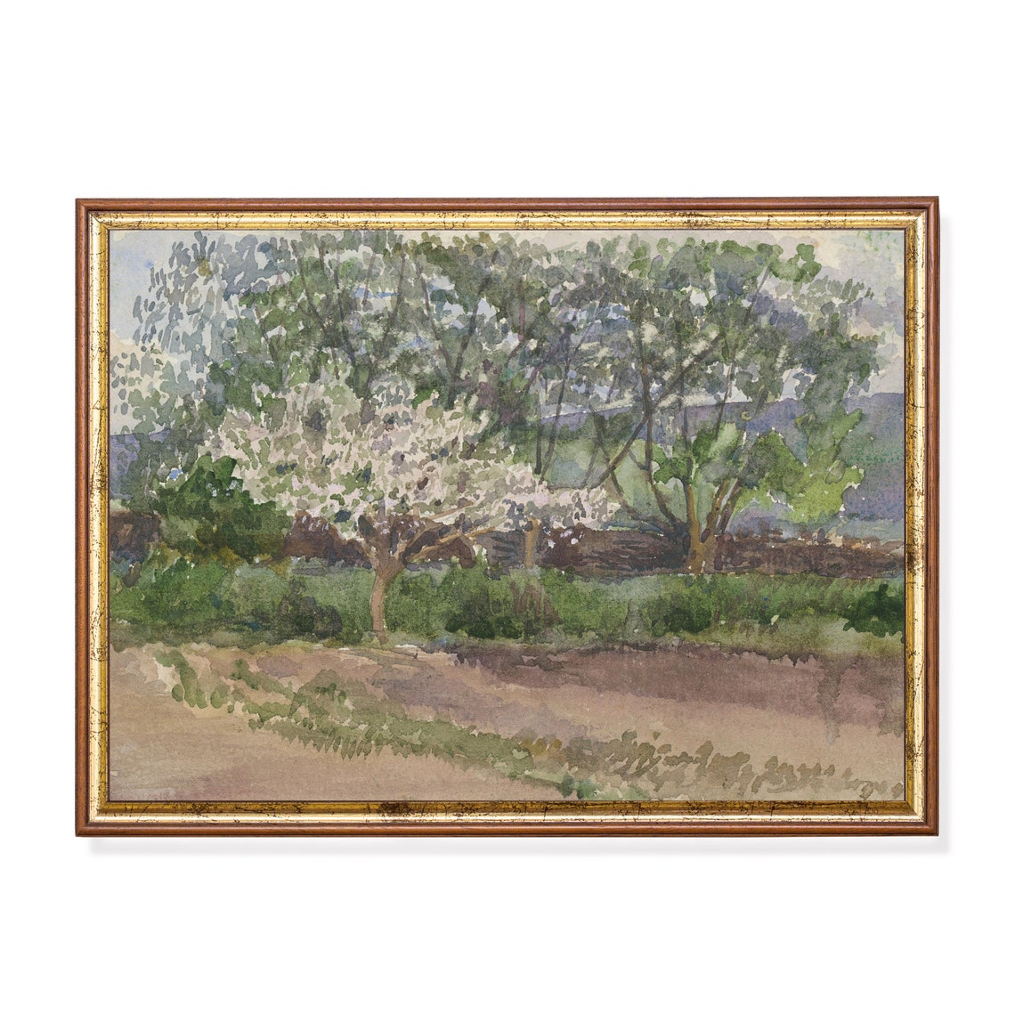 Spring Orchard with Blossoming Trees Watercolor Landscape Poster