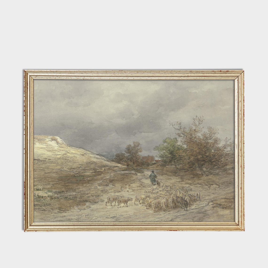 Shepherd With A Flock Of Sheep On The Moor Watercolor Poster - Image 3