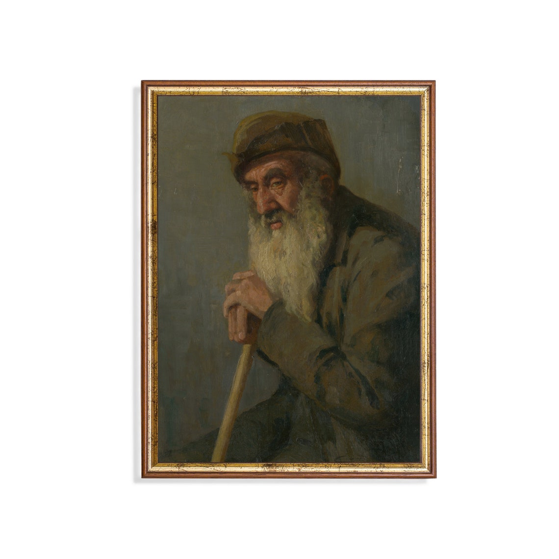 Bearded Old Peasant With Cap Leaning On His Walking Stick Poster