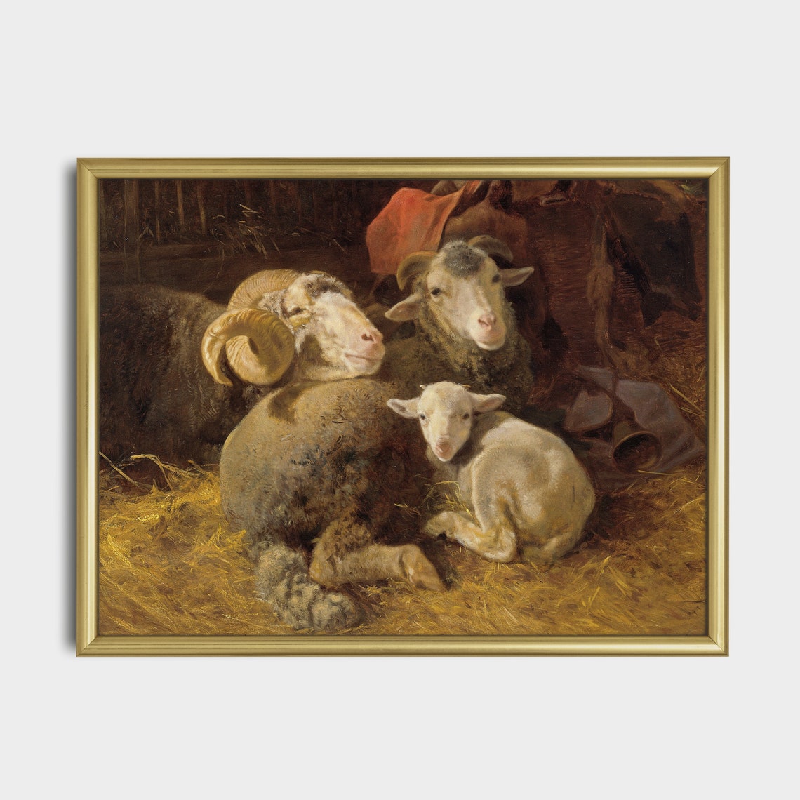Ewe Ram and Lamb Resting on Straw Vintage Farm Animal Poster - Image 3