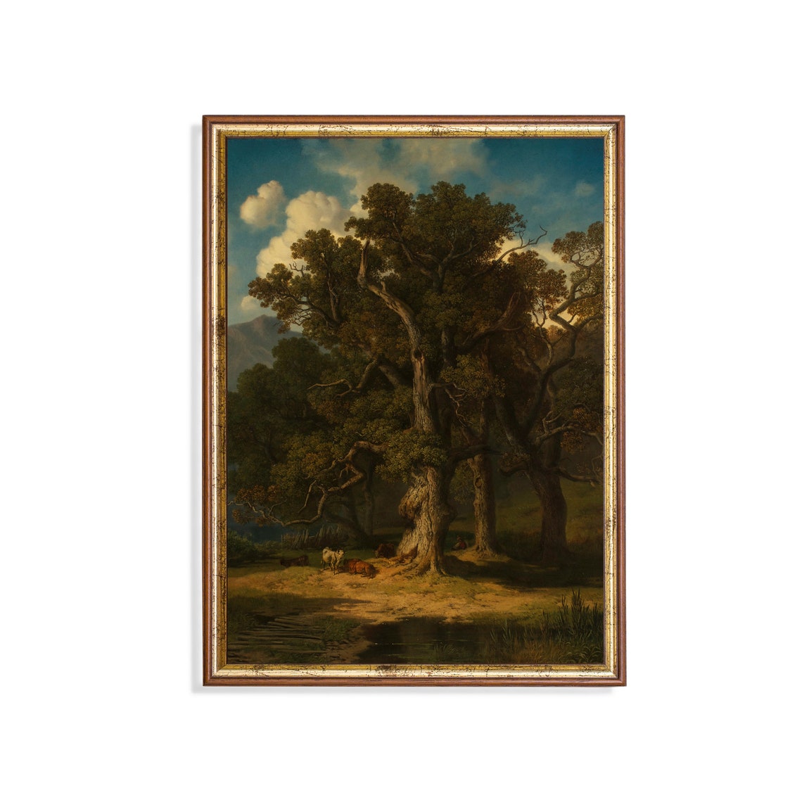 Ancient Oak Trees By Water With Cattle Vintage Landscape Poster