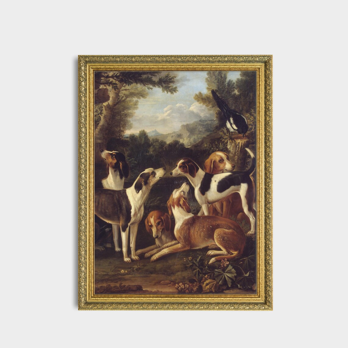Group of Foxhounds with Magpie Woodland Antique Sporting Dog Poster - Image 2