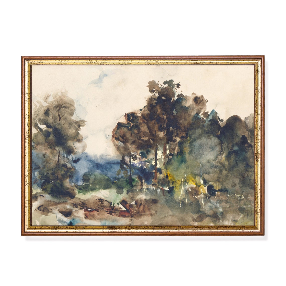 Abstract Tree Landscape in Brown and Blue Watercolor Wash Wall Art