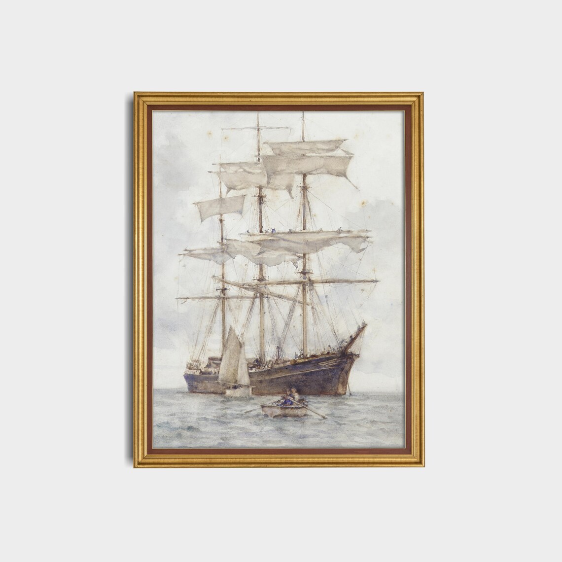 Tall Sailing Ship Pale Watercolor Painting With Rowboat Poster - Image 2