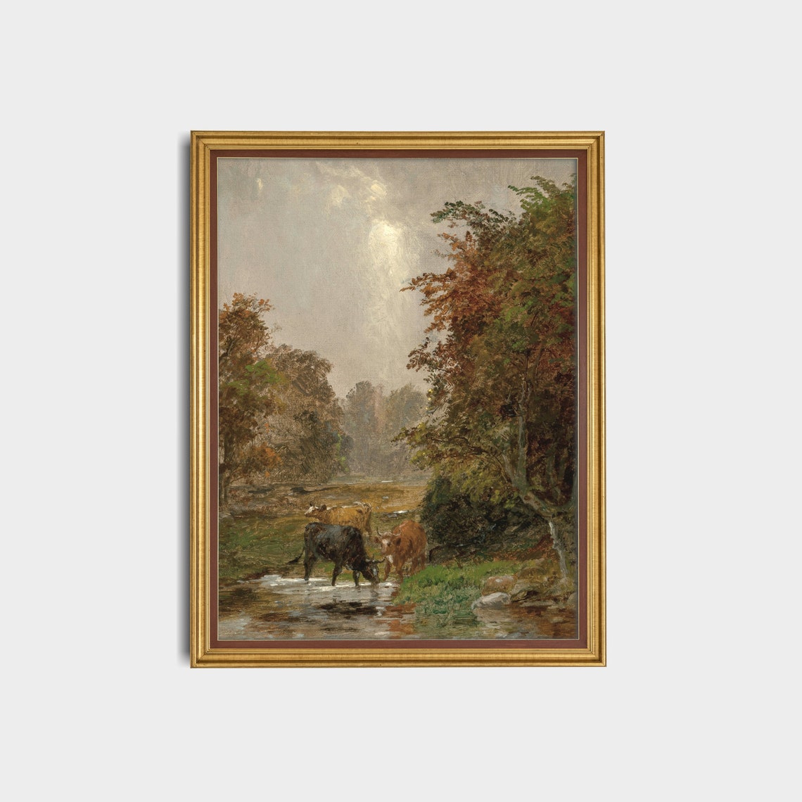 Cattle Drinking at the Stream Antique Autumn Landscape Poster - Image 3