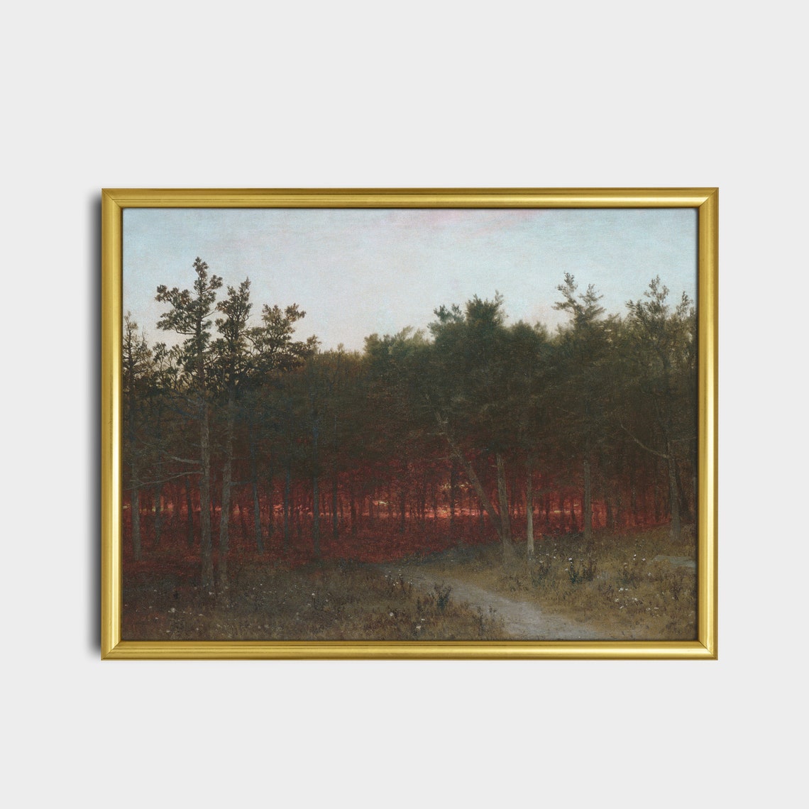 Twilight Pine Forest With Red Sunset Glow Vintage Painting Poster - Image 2