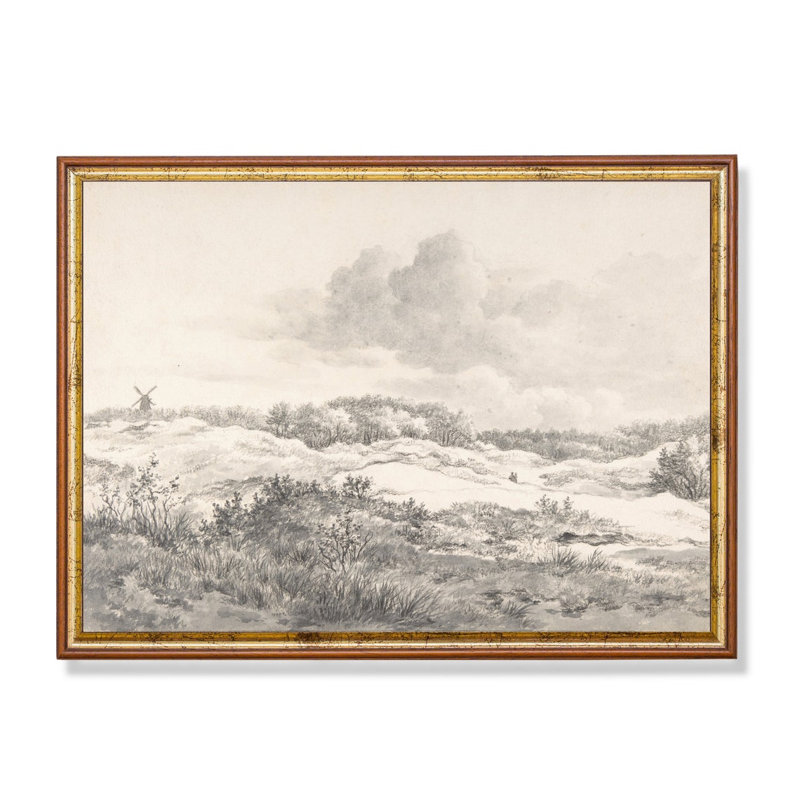 Dutch Dunes with Windmill Delicate Monochrome Pencil Sketch Poster