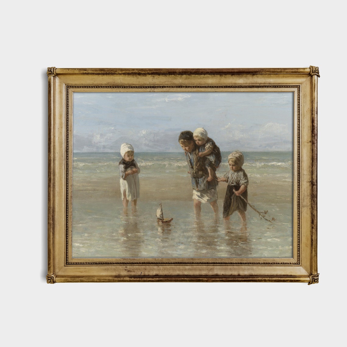 Children Playing with a Toy Sailboat at the Seashore Vintage Poster - Image 4