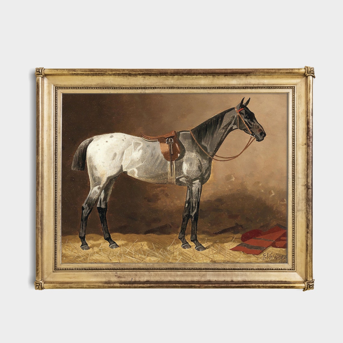 Antique Dappled Grey Saddled Horse Standing in Stable Art Poster - Image 2